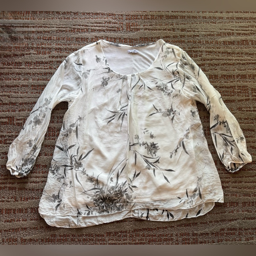Women’s Rosemarine 100% Silk Chiffon Floral Print Top L Black White Long Sleeve